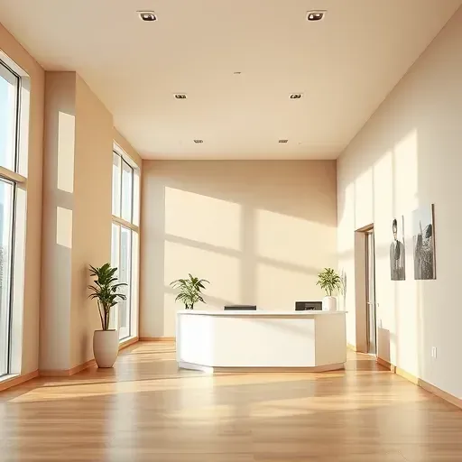 Commercial office lobby in Centennial Colorado featuring fresh neutral painted walls, polished floors, recessed lighting, and modern decor