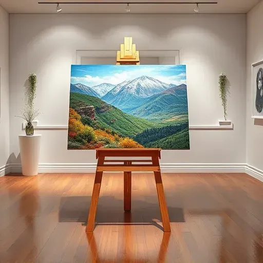 Painting on easel in elegant Ken Caryl gallery, highlighting vibrant landscapes with soft lighting and polished wooden floor.