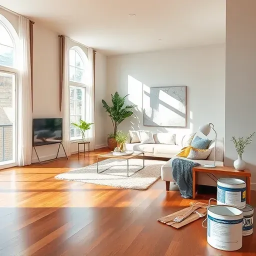Freshly painted modern living room in Centennial CO with polished hardwood floors, natural light, and elegant decor.