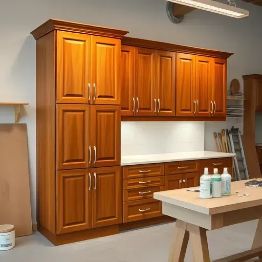Finished polished wooden cabinets with elegant hardware in a tidy workshop highlighting craftsmanship and fine details