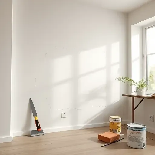 Pristine drywall patch in a modern home interior with smooth edges, subtle reflection, neutral walls, and professional tools nearby