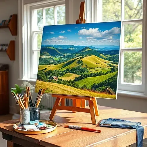 A completed painting on an easel in Northglenn CO features vibrant landscapes and art supplies in a serene studio.
