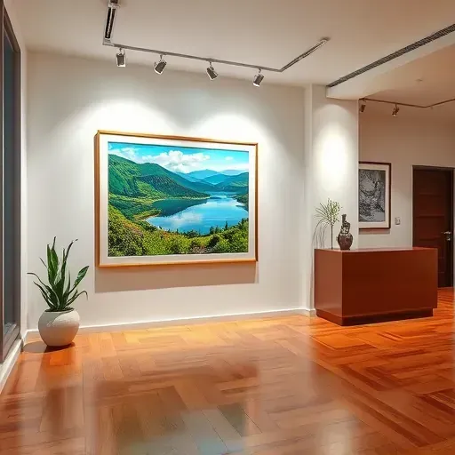 Painting of Bow Mar landscape in elegant gallery with modern decor, soft lighting, and polished hardwood floor.