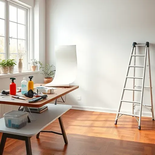 Professional wallpaper removal setup in a bright modern Colorado home with organized tools, smooth wall, and polished hardwood floor
