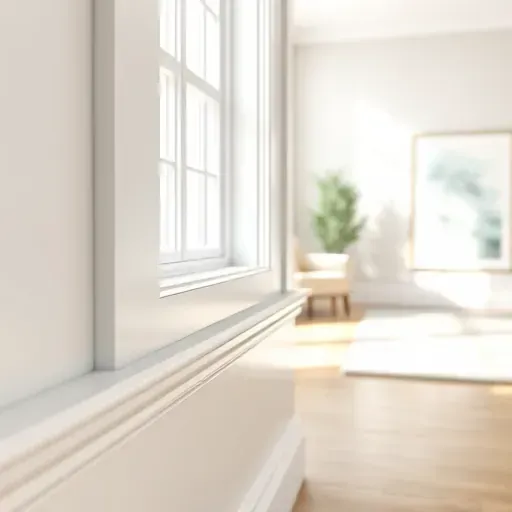 Close-up of freshly painted white interior trim with crisp lines in a bright modern room featuring natural sunlight.