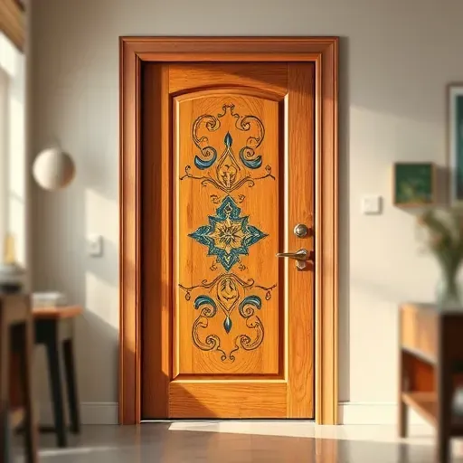 Freshly painted stylish wooden door with detailed colorful design in a modern entryway showcasing craftsmanship and glossy finish