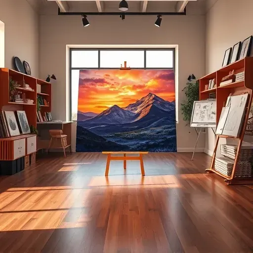 Completed painting of the Colorado Rockies at sunset in an inviting art studio with vibrant colors and warm lighting.