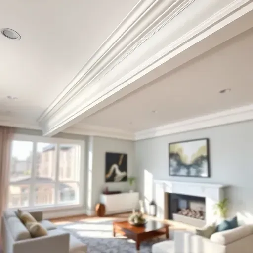 Freshly painted glossy white crown molding with detailed craftsmanship in a modern Centennial living room with natural light