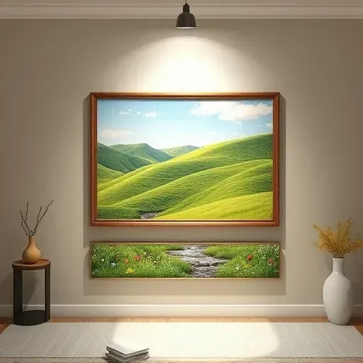 A serene landscape painting of The Pinery CO, showcasing rolling hills, wildflowers, and a gentle stream in a gallery.