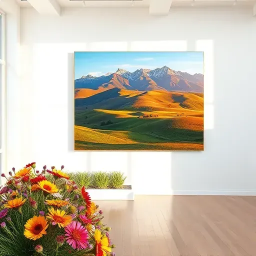 Vibrant landscape painting in gallery, featuring hills, wildflowers, and Rocky Mountains under late afternoon sun.