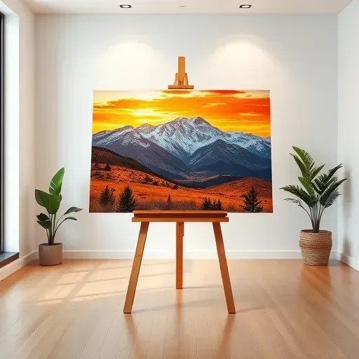 Completed painting of Rocky Mountains at sunset in modern gallery with elegant easel and natural decor around.