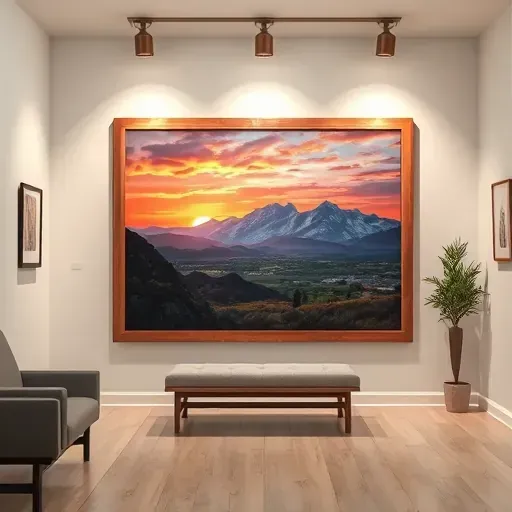 Completed painting of a serene sunset over the Front Range in an elegant Broomfield art gallery with modern decor.