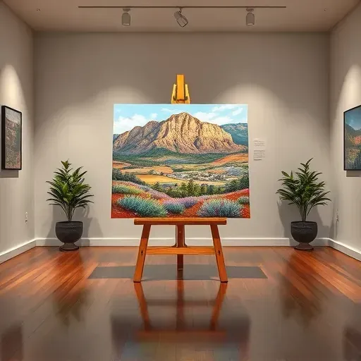 Completed painting in Columbine CO displayed on easel in a serene gallery with neutral walls and decorative plants.