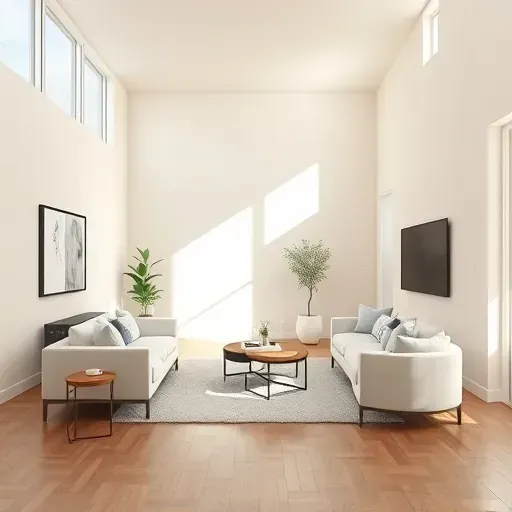 Modern, cozy living room in Centennial CO with neutral painted walls, minimalist furniture, and natural light.