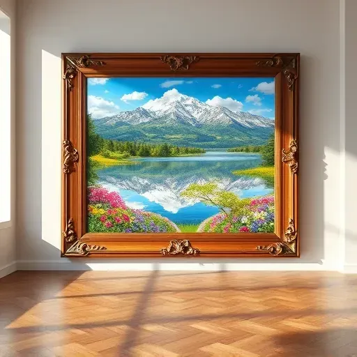 Vibrant landscape painting of Rocky Mountains and serene lake in modern studio, showcasing nature's beauty.