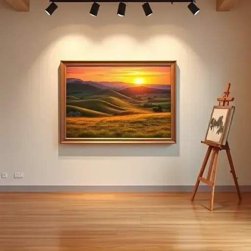 Vibrant landscape painting displayed in a chic Lafayette CO gallery, highlighting serene sunset and rich colors.