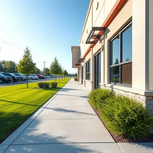 Pristine commercial building exterior in Centennial CO with smooth painted surface, lush landscaping, and a clear blue sky
