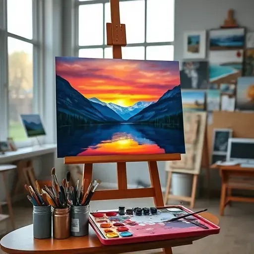 Painting of Edgewater CO landscape with mountains and lake, sunset reflections, elegant easel, art supplies, inspired studio.