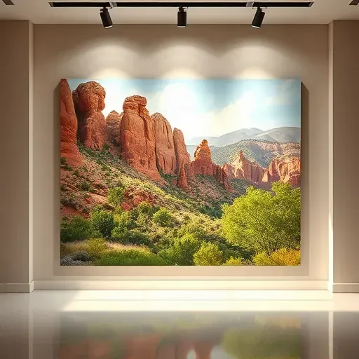 Completed painting of red rock formations in an elegant exhibition space, showcasing vibrant colors and natural beauty.