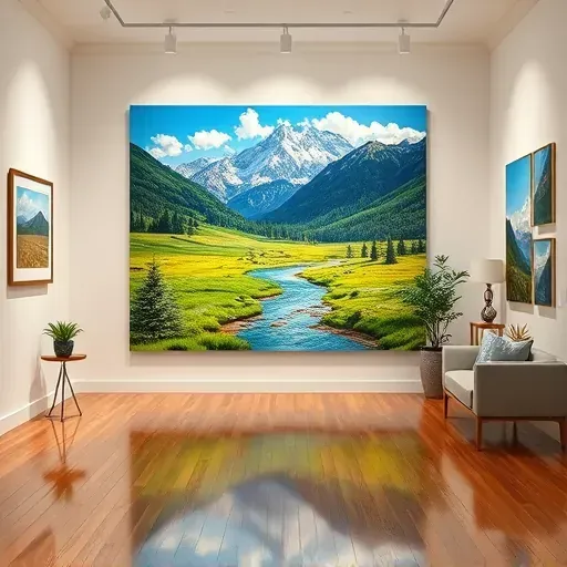 Completed painting of Colorado Rockies in a modern gallery with vibrant colors, polished floors, and elegant decor.