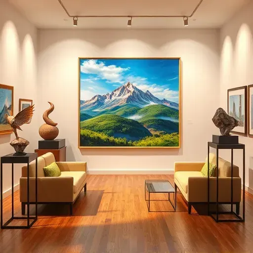 Completed painting in Arvada CO captures vibrant Rocky Mountains landscape with lush greenery in a serene gallery setting.