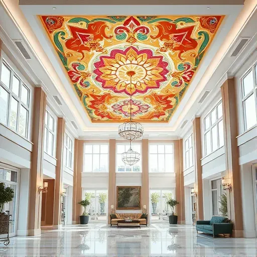Elegant ceiling painting with intricate patterns in a upscale modern interior with high ceilings and natural light in Centennial Colorado