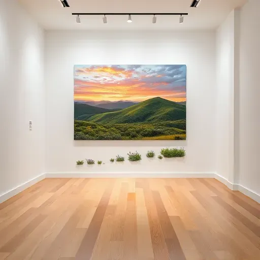 Painting in Foxfield, CO showcases vibrant rolling hills, wildflowers, and a serene pastel sunset in a modern gallery.