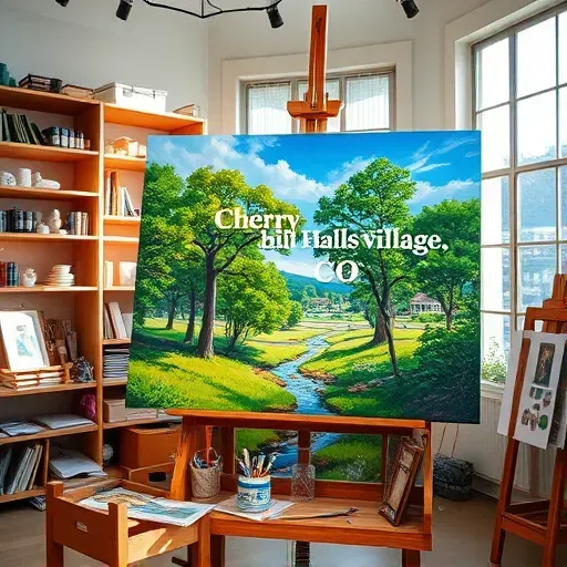 Completed painting of Cherry Hills Village, CO with vibrant greens, blues, trees, stream, and artist studio setting.