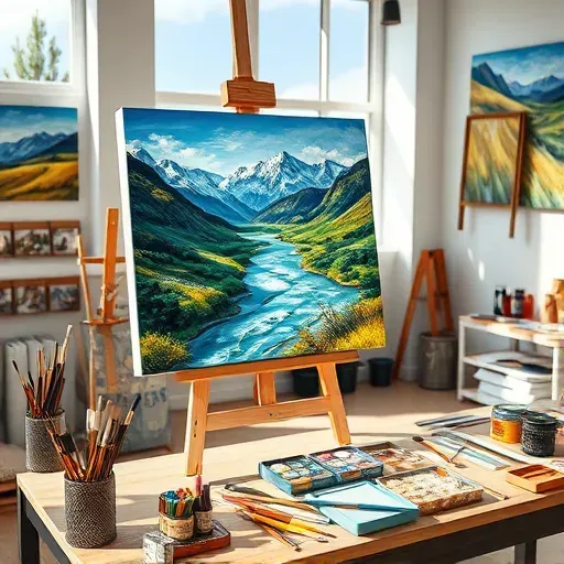 Completed painting in Columbine CO features vibrant colors of mountains and rivers in a professional studio setting.