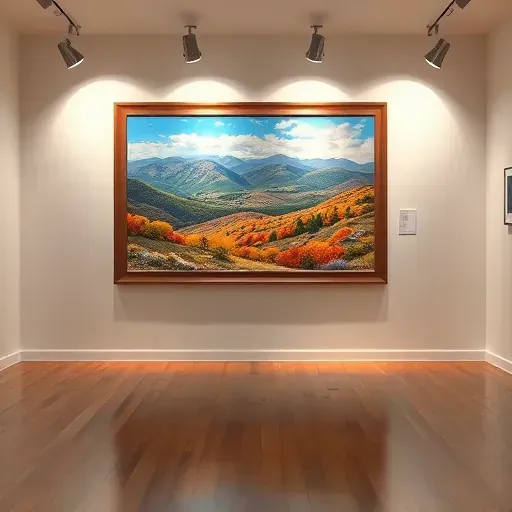 Completed painting in bright art gallery showcasing vibrant landscape, elegant frame, and polished floor enhancing ambiance.