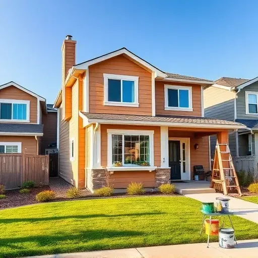 Newly painted modern house in Centennial Colorado with beige siding white trim landscaped yard and painting supplies