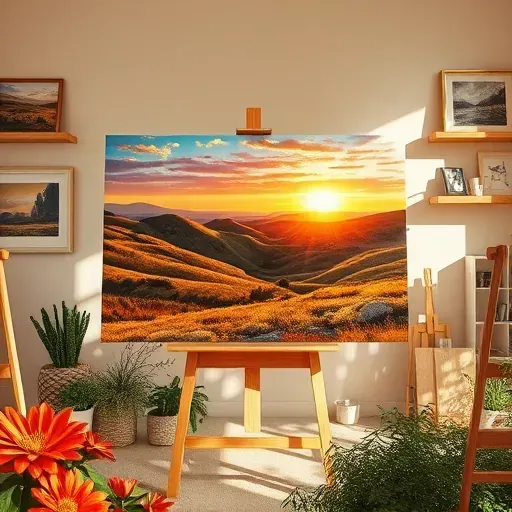 Vibrant painting showcasing Sheridan CO landscape at sunset with native flora in a bright art studio setting.