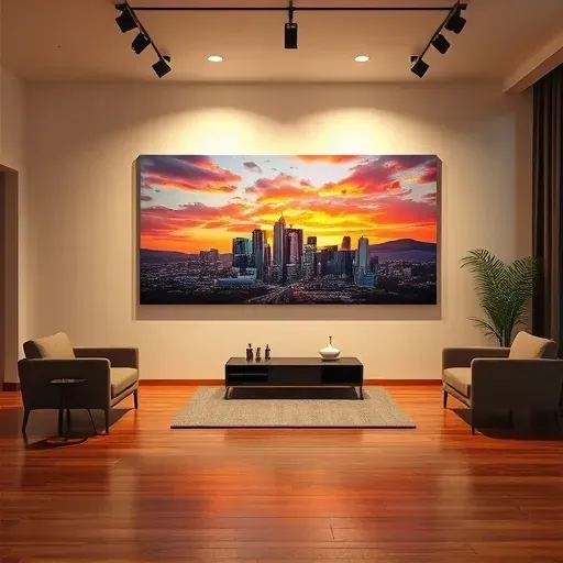 Completed painting of Federal Heights, CO skyline at sunset in a contemporary art gallery with warm lighting.