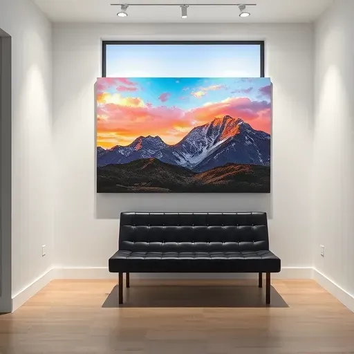 Vibrant Rocky Mountains at sunset in a sophisticated Cherry Creek gallery with minimalist decor and soft lighting