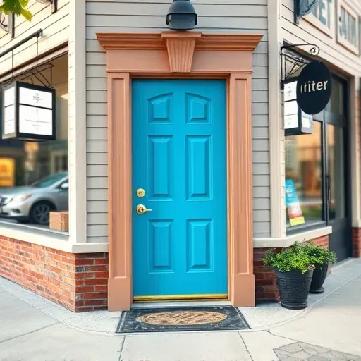 Freshly painted colorful commercial building door in Centennial Colorado with detailed craftsmanship, clean facade, and inviting atmosphere