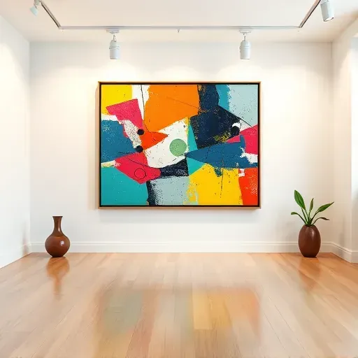 Vibrant abstract painting showcased in modern gallery with clean lines, elegant lighting, and polished wood flooring.