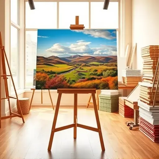 Completed painting in art studio displaying vibrant local landscape of Glendale CO with polished canvas on easel.