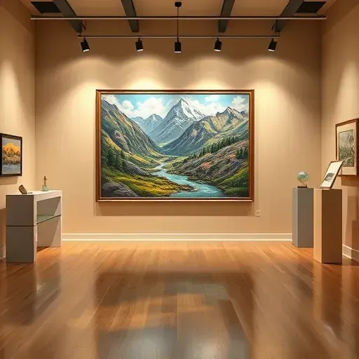 Vibrant painting of local landscape in an art gallery with beige walls and wooden floors reflecting warm light.