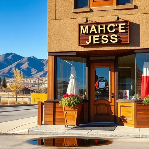Local business storefront in Golden, CO with wooden accents, inviting windows, flowerbox, and Rocky Mountain backdrop.