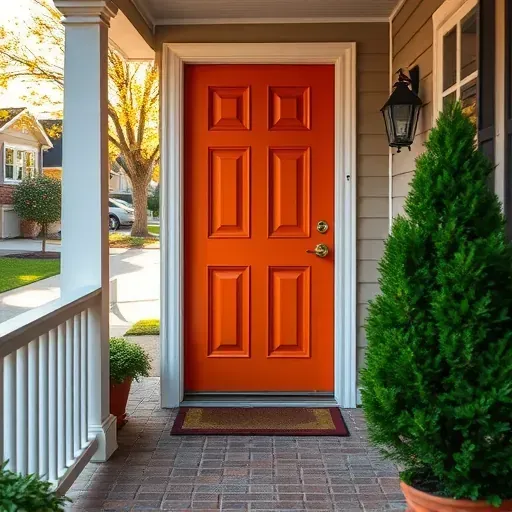 Vibrant painted detailed front door in a suburban neighborhood with lush greenery and soft sunlight on a well-kept porch
