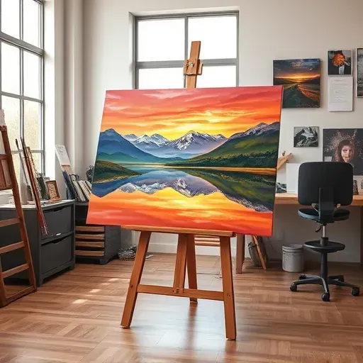 Completed painting in Brighton CO shows sunset over mountains, vibrant colors reflecting in a calm lake on a wooden easel.