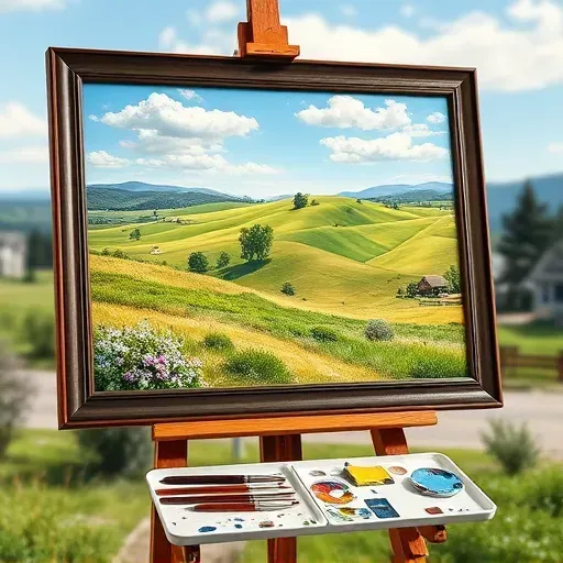Completed painting in Foxfield, CO, showcasing vibrant colors of rolling hills and clear skies on an easel.