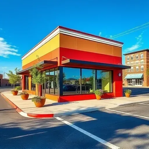 Modern commercial building in Centennial Colorado with vibrant fresh paint, sharp lines, large windows, greenery, and a clear sky