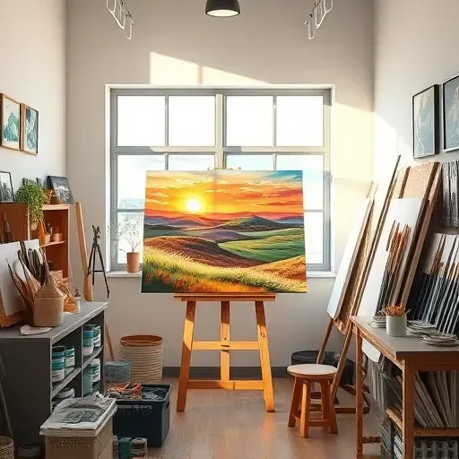 Completed vibrant painting of a serene Arvada landscape in an organized art studio filled with supplies and natural light.