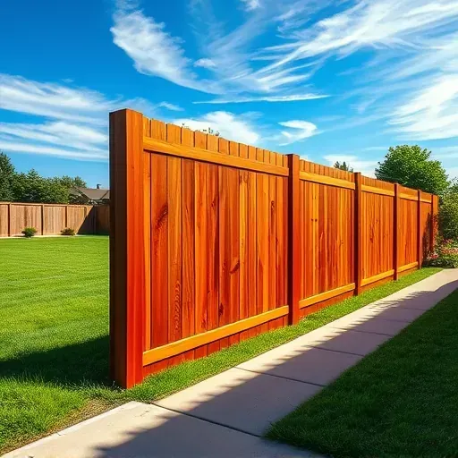 Freshly stained wooden fence in Centennial Colorado with lush lawn flowering shrubs clear sky and clean walkway