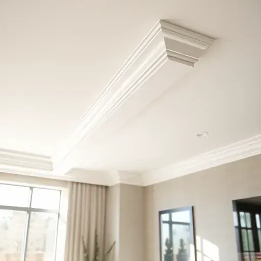 Freshly painted crown molding with detailed craftsmanship in a modern Centennial Colorado living room with natural light and neutral tones