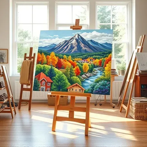 A completed vibrant painting in a professional art studio in Englewood, CO, with art supplies and soft natural light.