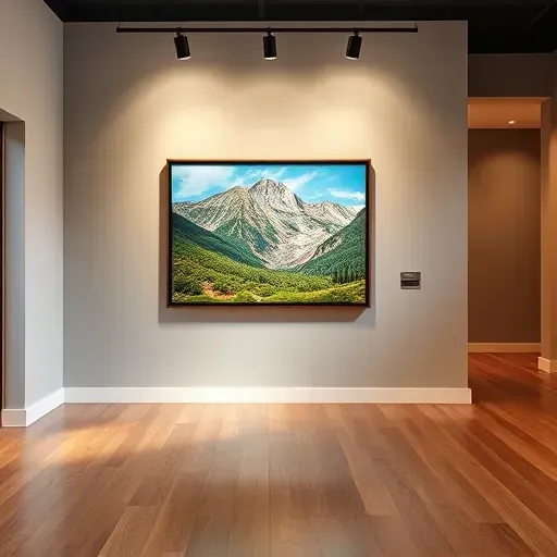 Completed painting of Colorado landscape in chic gallery in Golden, CO with minimalist decor and ambient lighting.