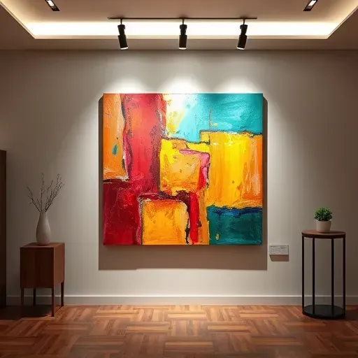Completed painting on a gallery wall in Cherry Creek, CO, showcasing vibrant colors and textured details in a refined space.