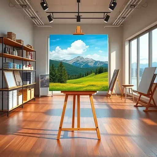 A vibrant landscape painting of the Rocky Mountains on an easel in a sophisticated Greenwood Village art studio.